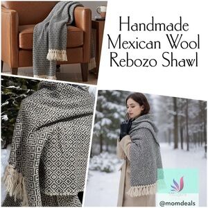 Mexican Rebozo Shawl in Gray on Cream – 100% Raw Wool, Thick, Large Winter Wrap